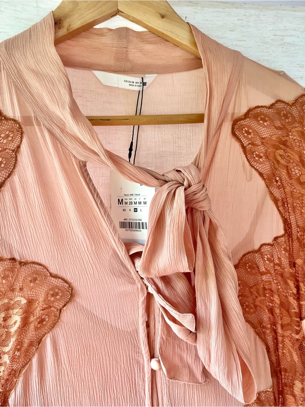 Zara Maxi Lace Dress Crinkle Long Rouched Sleeves High Tie Bow Collar V-Neck Med - Picture 14 of 16